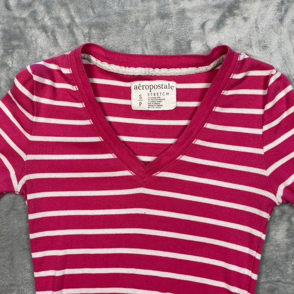 Aeropostale Striped V-Neck Long Sleeve Women S Pink White Ribbed Stretch - Picture 2 of 10